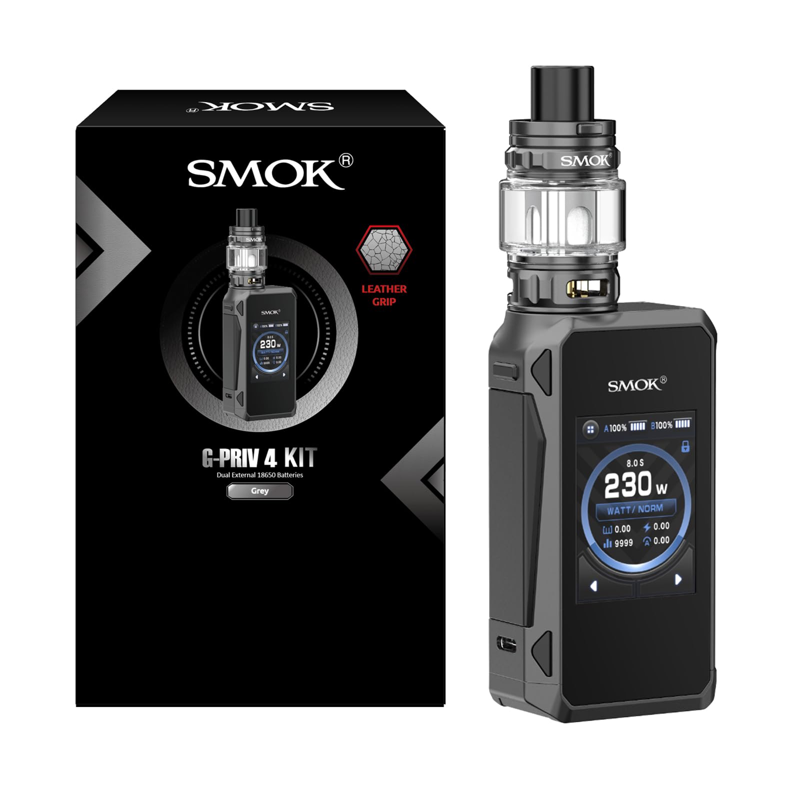 SMOK G-PRIV 4 Box Mod Vape Kit Akkuträger 5–230W TFV18 Mini 6,5 ml Grau | E-Zigarette mit 2,0-Zoll-Touchscreen IQ-M Chip breitem Feuertaster 6,5-ml-Verdampfer für DL Dual 18650 ohne Akkus Type-C 2,0A