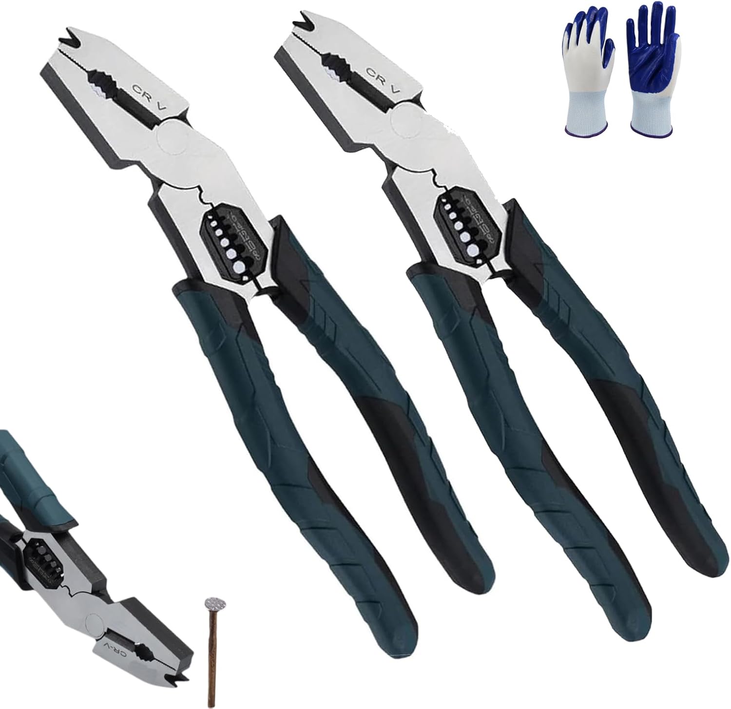 Industrial-Grade Multi-function Cutting Pliers,Heavy-Duty 9-in-1 Wire Stripper Pliers/Nail Puller/Wire Cutter/Crimper - Compound Action Leverage Design,for Electricians Repair (Dark Green, 2pcs)