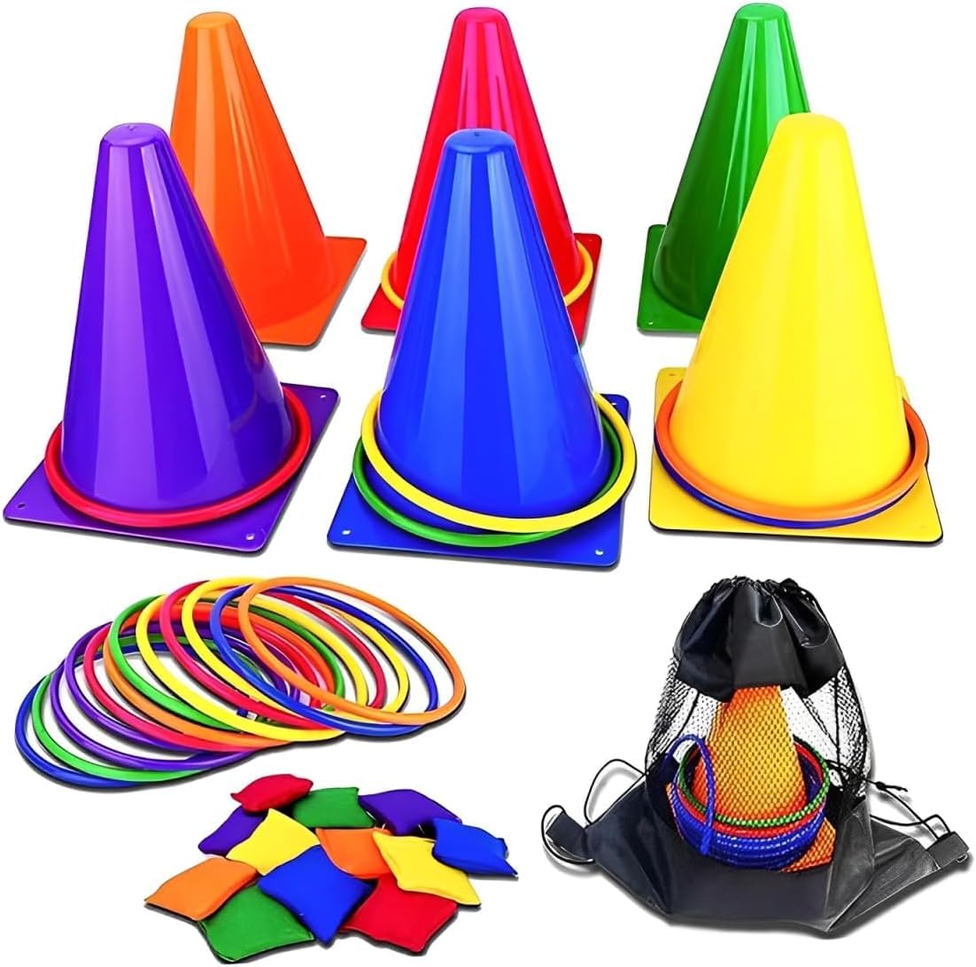 3 in 1 Outdoor Games Set - Kids Bean Bag Toss, Garden Games Set, Outdoor Toys for Toddlers Age 3-5, Includes 6 Traffic Cones, 10 Colorful Rings, 12 Bean Bags & Storage Bag
