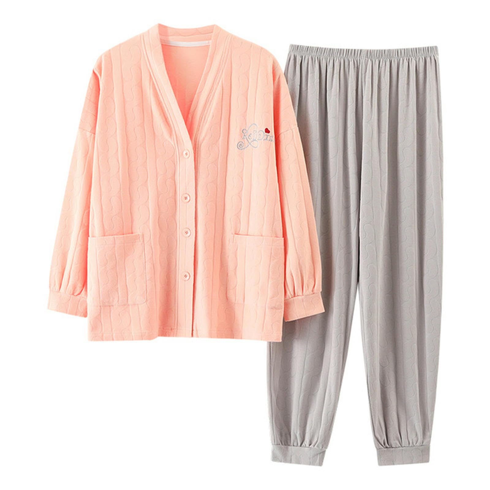 NOGRAX Pijama Conjunto De Pijamas De Manga Larga De Algodón para Mujer, Pijamas Femeninos Suaves Y Sueltos con Cuello En V, Otoño E Invierno