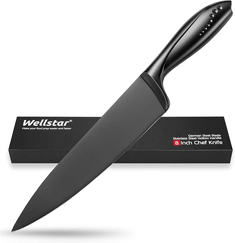 Miniatura 1 de WELLSTAR Cuchillo de chef de 8 pulgadas, cuchilla de óxido negro alemán afilada de acero inoxidable con mango cómodo hueco SS para proteger los