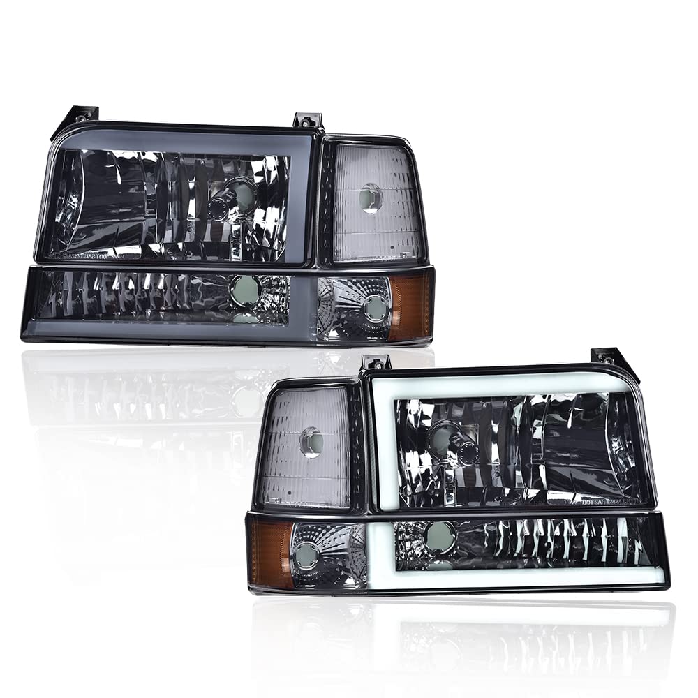 CROSSDESIGN LED DRL Headlights Compatible With Ford F150 F250 F350 Bronco 1992-1996 bumper Headlamp Smoky lens Chrome Housing Amber Reflector