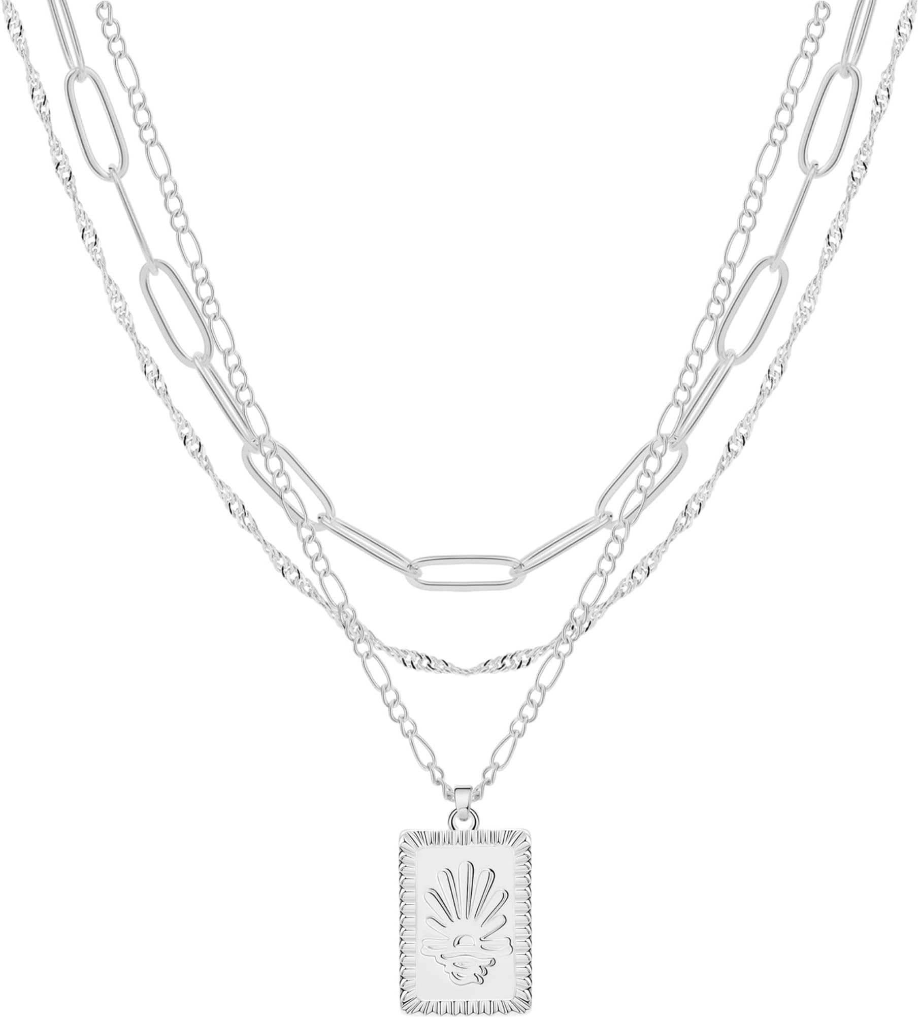 Gold/Silver Necklaces Stack For Women,14K Gold/Sterling Silver Plated Simple Layered Choker Necklaces For Women,Stackable Multilayer Pearl Cross Disc Circle Pendant Cuban Herringbone Snake Paperclip Chain Necklaces Set Jewelry Gift for Women