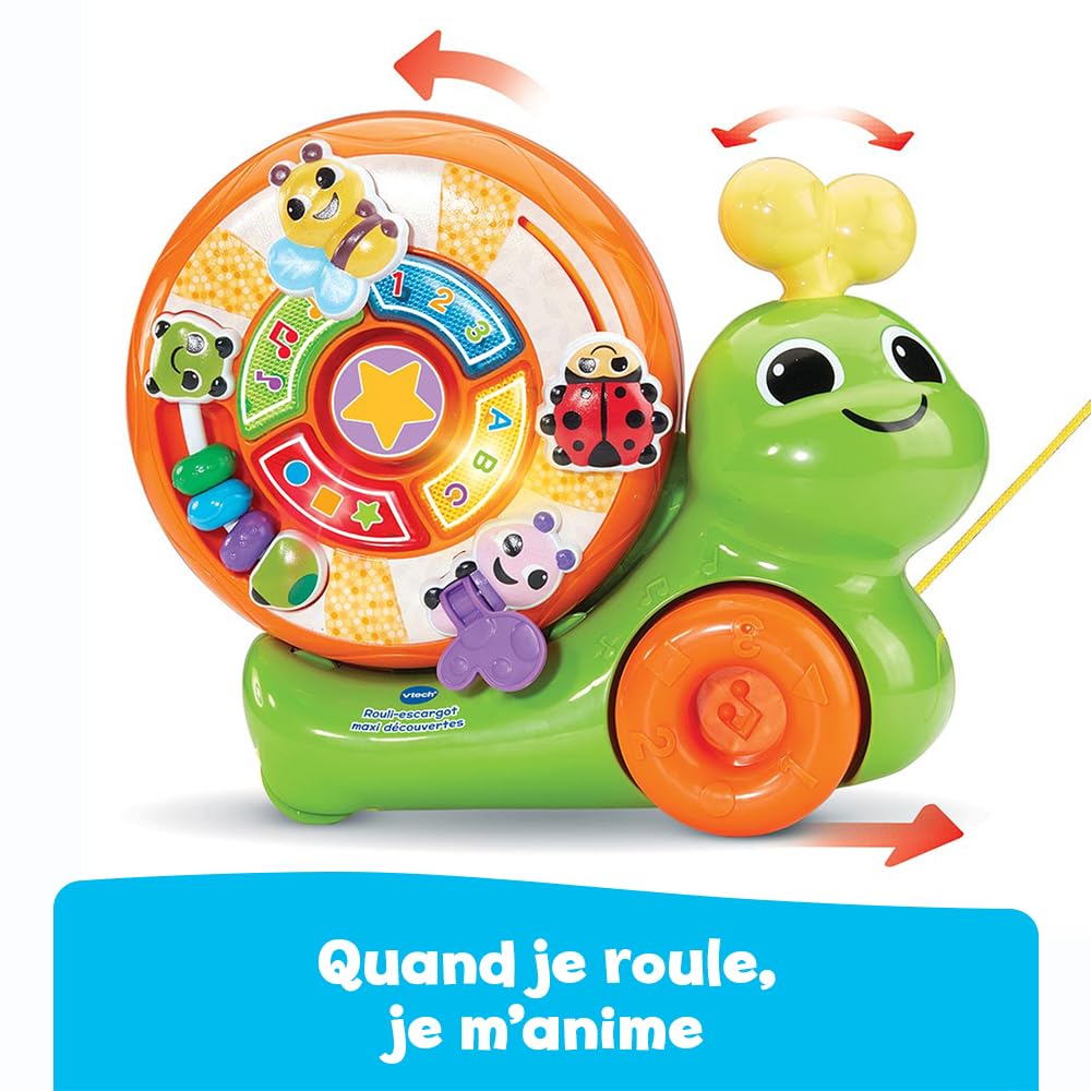 VTech - Rouli-Escargot Maxi Découvertes, Jouet à Tirer 2 en 1, Trieur de Formes, Jeux d'Éveil, Escargot à Promener, Jouet Musical et Interactif, Cadeau Enfant Dès 1 an - Contenu en Français