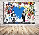 Faicai Art Banksy Graffiti Street Art Pop Art Famous Character Background Canvas Paintings Blue Wall Art Prints Wall Decor Wooden Framed 32