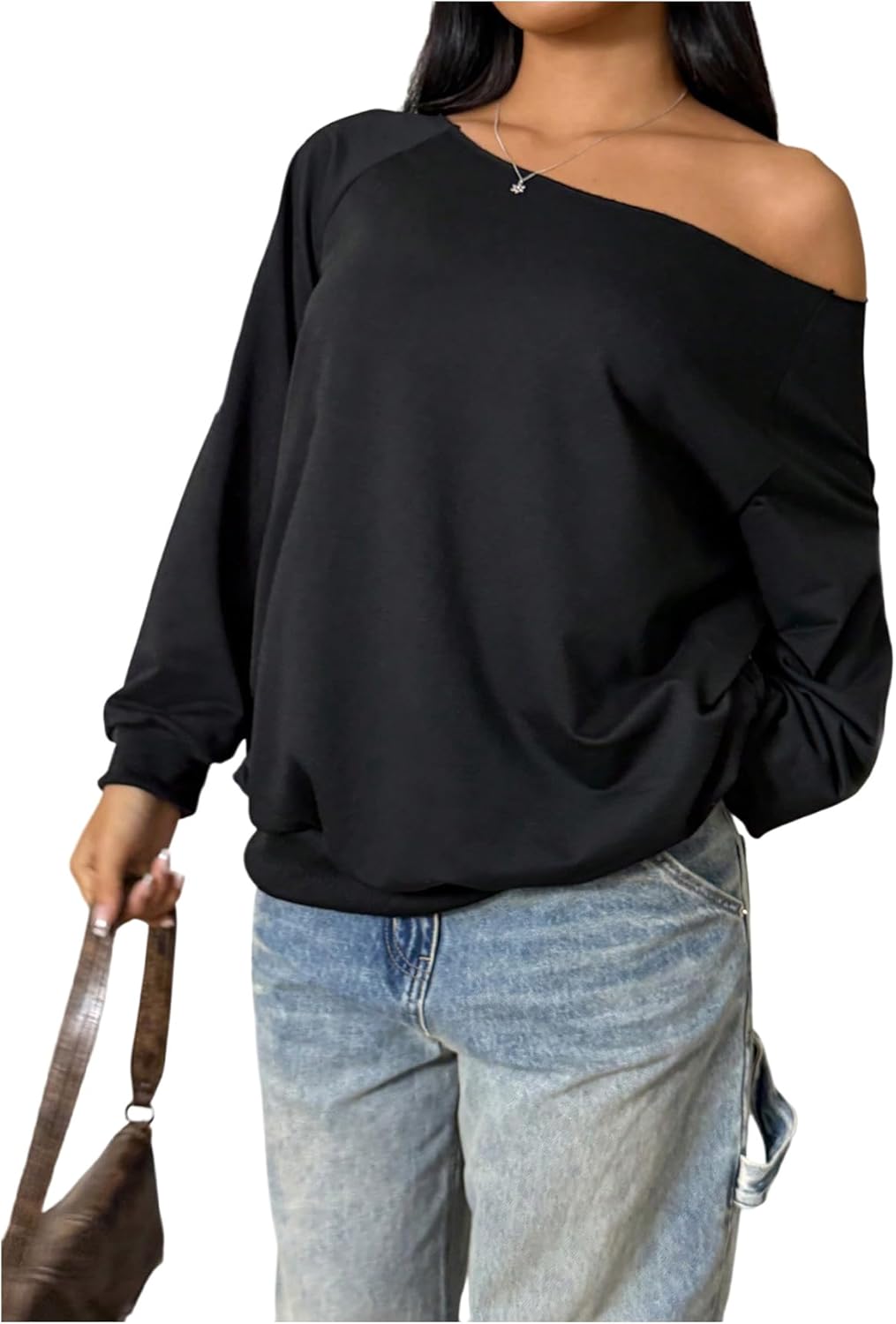 SweatyRocks Women's Plus Size Oversized Sweatshirts Off the Shoulder Long Sleeve Pullover Tops