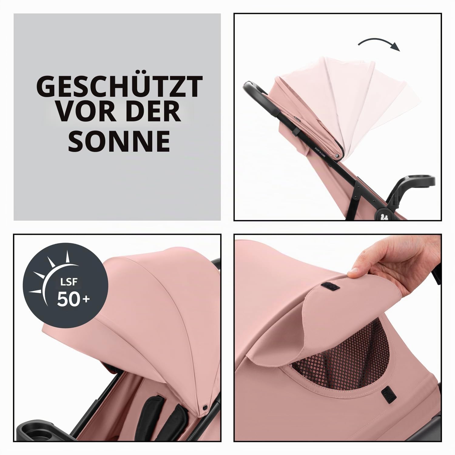 Hauck Shop N Care Dunkelrosa Leichter Kinderwagen 8,5 kg mit Snackschale Getränkehalter Regenschutz kompakt einhändig zusammenklappbar voll liegend ab Geburt bis 22 kg