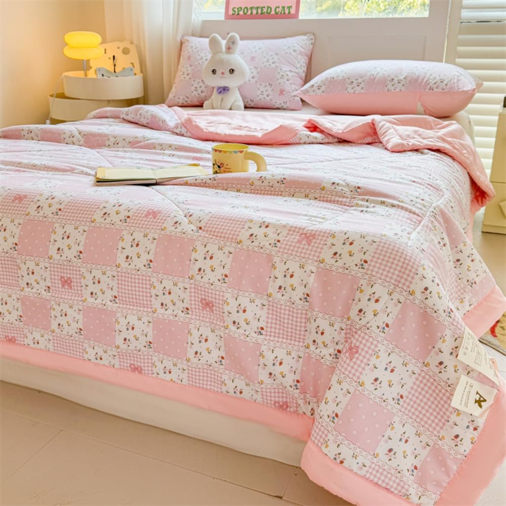 Trapuntino Copriletto Estivo Primaverile, Trapunta Leggera, Fiori Copriletto Trapuntato Cotone per Letto Singolo Letto Matrimoniale (Rosa chiaro,150x200)