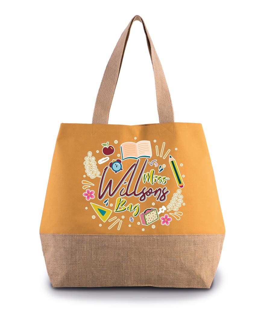 Getagift Personalised Teachers Special Present Idea - Miss/Mrs ANY NAME Bag - Designer Bag Birthday Thanks Giving Canvas Jute Hold Shopper Bag (Cumin Yellow - Natural)