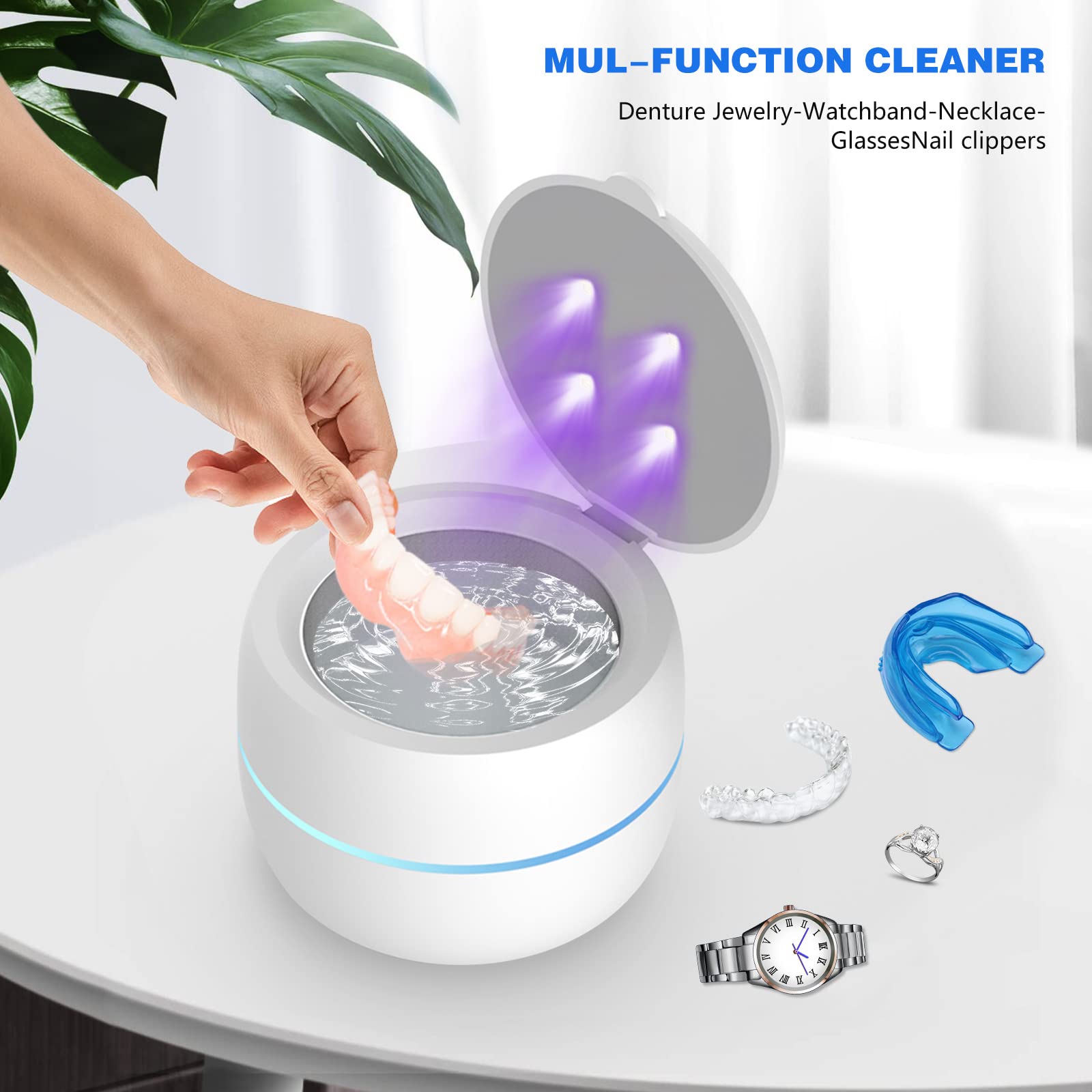 VoraiyaÂ®Retainer Cleaner, Ultrasonic Cleaner for Dentures, Aligner, Whitening Trays, Night Dental Mouth Guard,Ultrasonic Jewelry Cleaner Machine,5 minutes/10 Minutes Automatic Timed Shutdown(White-1)