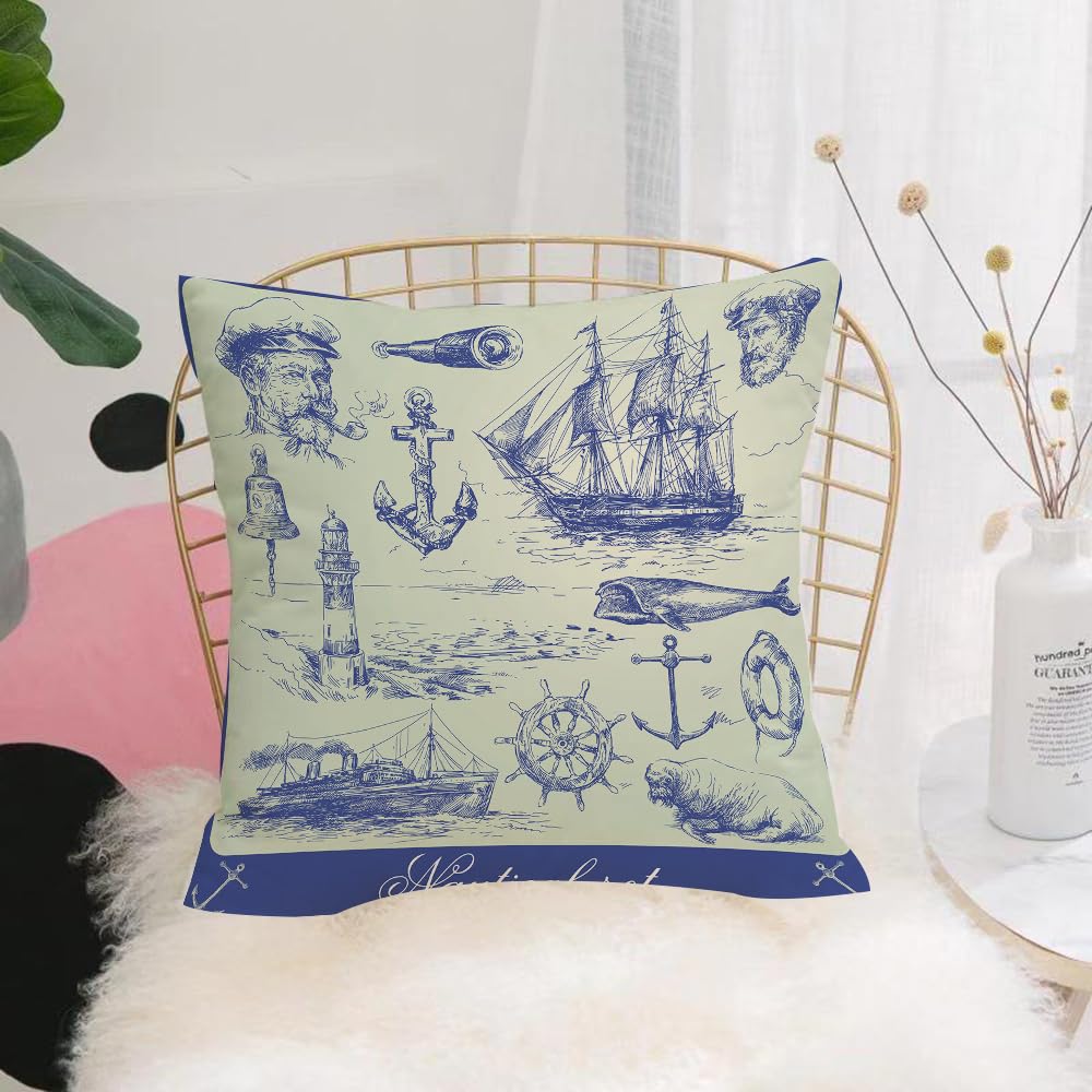 Hyosxw L Anchor, Whale Sailboat Steering Wheel And - A5 Cushion Cover,Throw Pillow Case Home Decorative For Living Room Bedroom Sofa Chair 18X18 Inch,L Anchor, Whale Sailboat Steering Wheel And Old Lighthouse Fishing Theme Sketch,Pillowcase 45X45cm