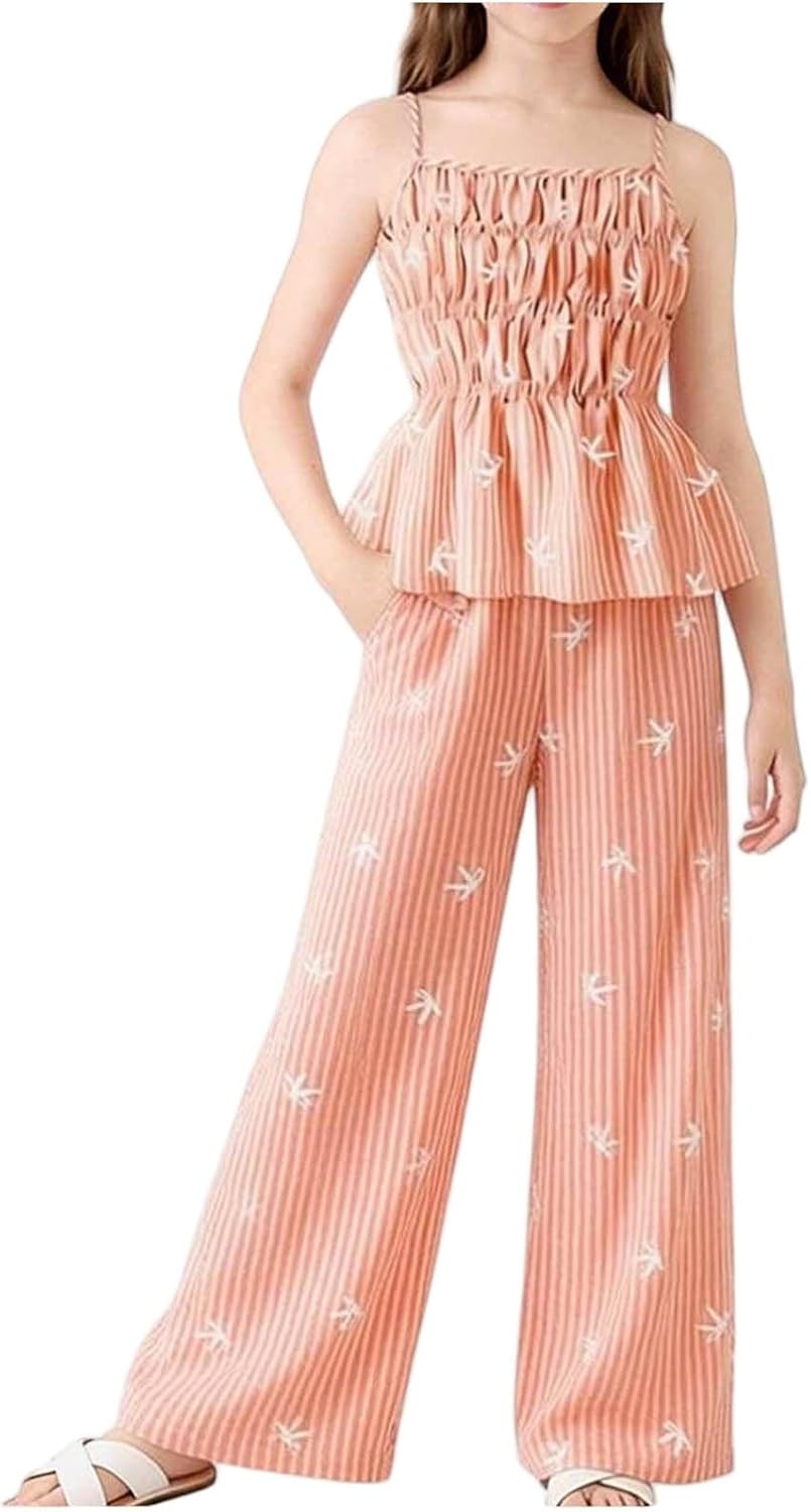 Girls Bowknot Graphic Clothing Set Spaghetti Strap Ruffle Tank Top High Elastic Wide Leg Pants Vacation Summer Outfit