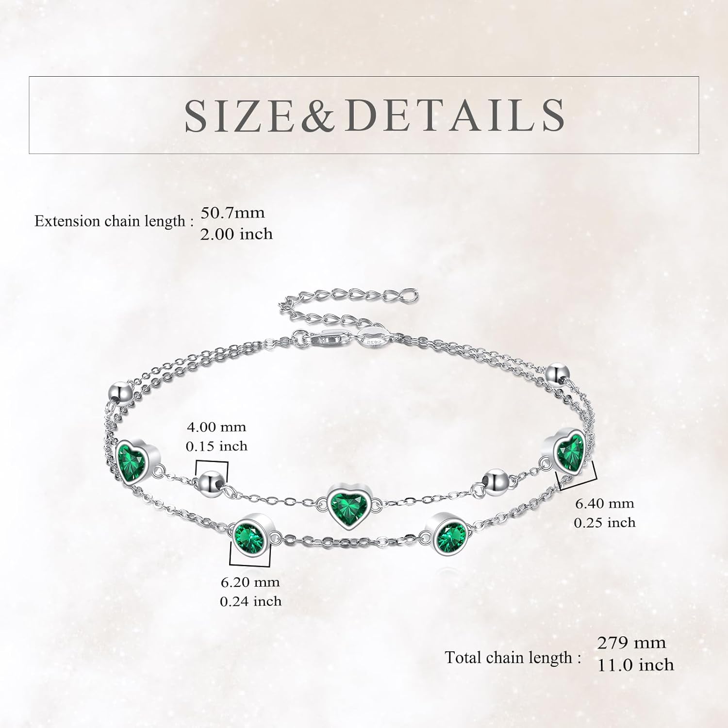 CRMAD S925 Sterling Silver 12 Birthstones Heart Double Layer Anklet Bracelet for Women, Adjustable Dainty Anklet Gift - Image 4