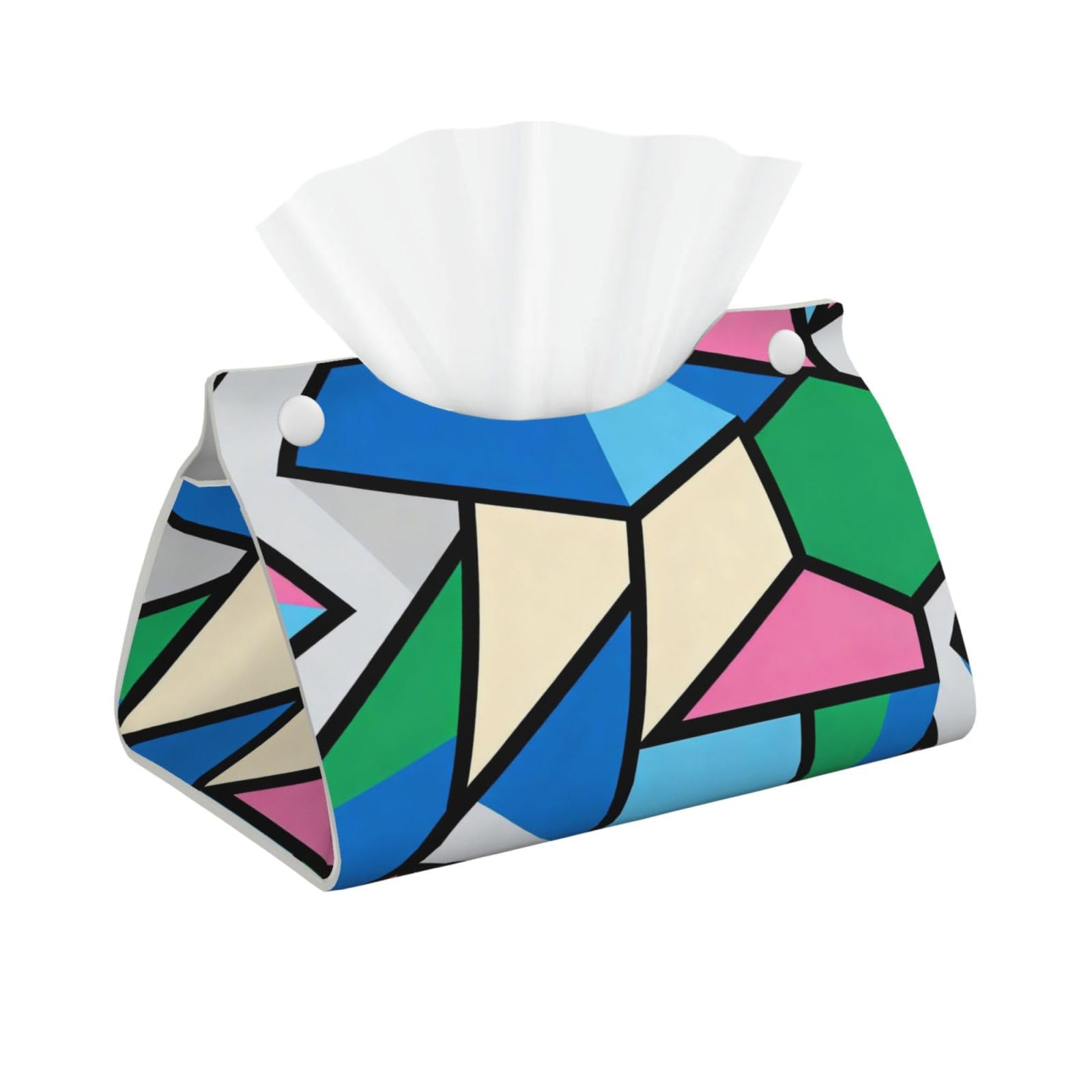 Geometric Patchwork Art Long Leather Tissue Box Cover-Waterproof PU Leather Tissue Holder for Bathroom, Decorative Rectangular Tissue Case