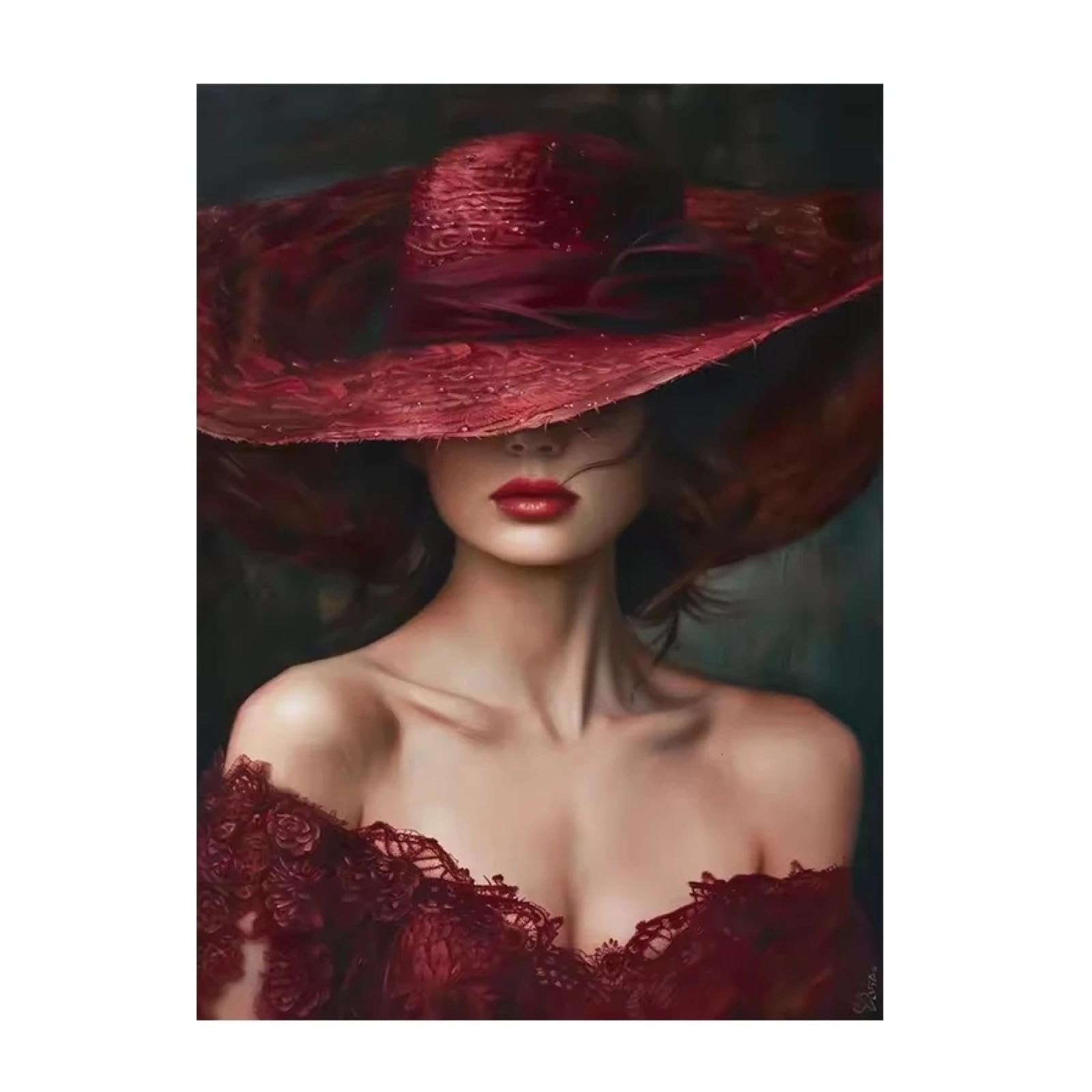BMGKYAGL Arte moderno, vestido rojo, sombrero para mujer, cruz, carteles famosos, bellas imágenes, arte, pintura, decoración, marco de 80 x 120 cm