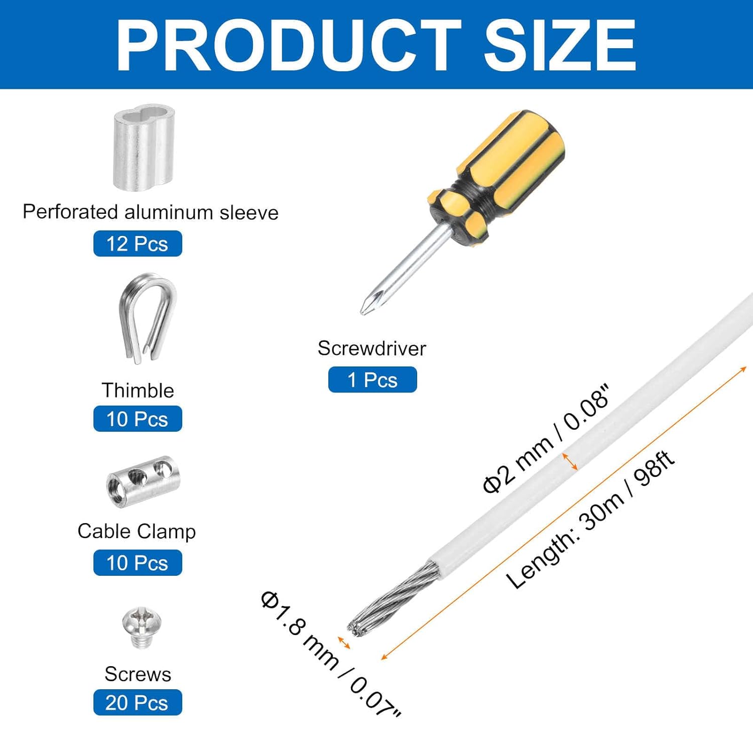 MECCANIXITY 1Set 98ft Wire Rope 304 Stainless Steel Cable, 3/32" 2mm Vinyl Coated with Cable Clamp, Aluminum Sleeves and Thimble for Railing, Decking, Hanging, Clothes Lines, White 30m
