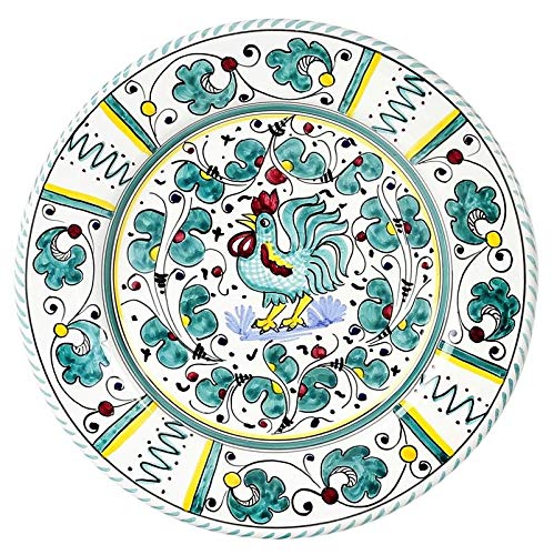 ORVIETO GREEN ROOSTER Dinner plate [GR0001] ~ Authentic hand painted in Deruta, Italy. Original design. Shipped from the USA with Certificate of Authenticity.