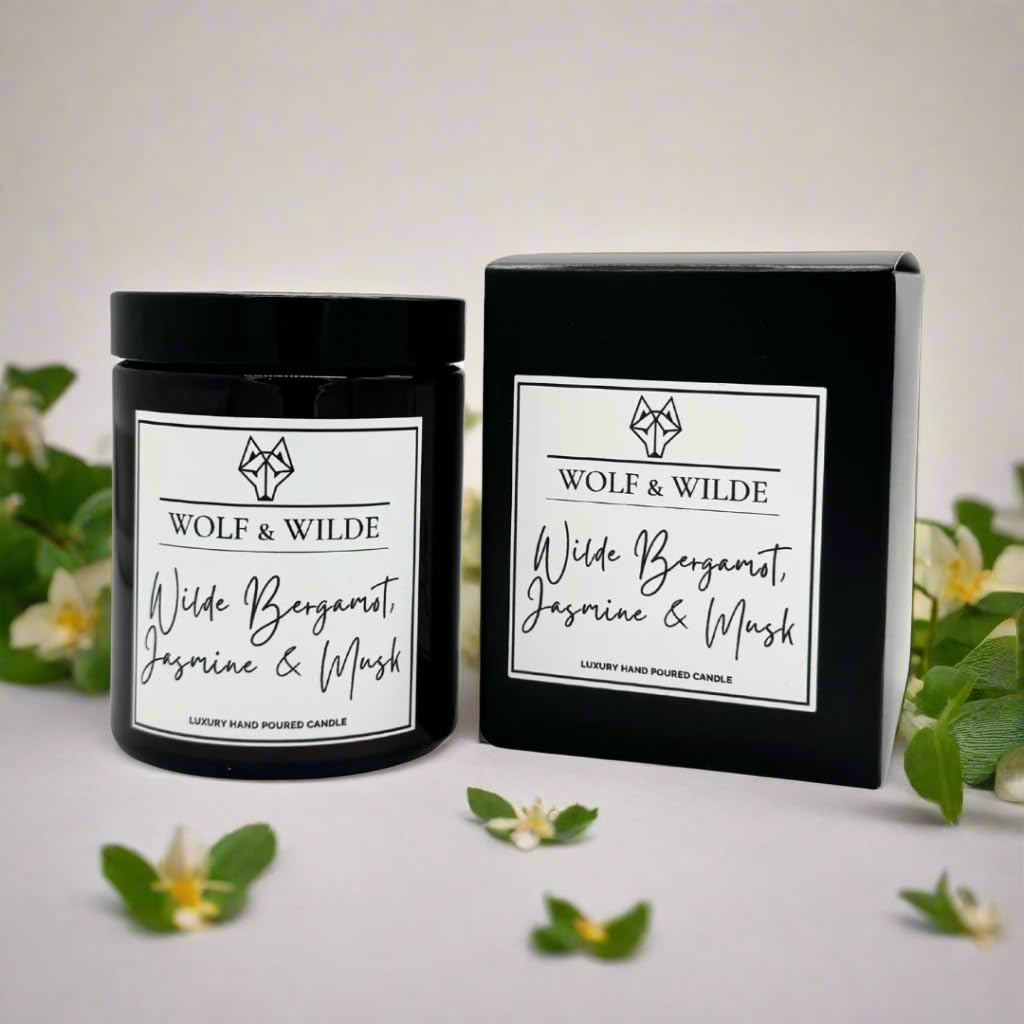 Bergamot, Jasmine & Musk Aromatherapy Relaxing Scented Candle 180ml. A Premium, Luxury Handmade Scented Candle by Wolf & Wilde