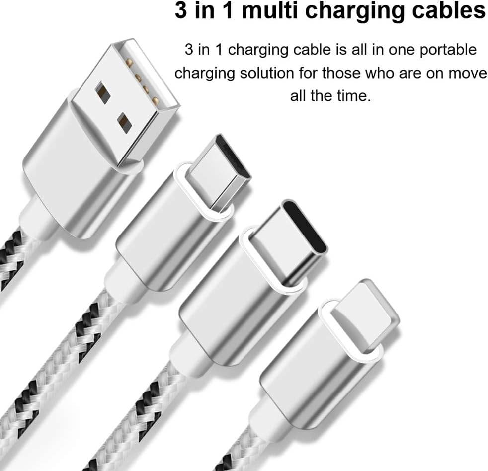 [3pack 4ft] Multi Charging Cable, Multi Charger Cable Nylon Braided Universal 3 in 1 Multiple USB Cable Charging Cord with Type-C, Micro USB Compatible with Cell Phones Tablets and More