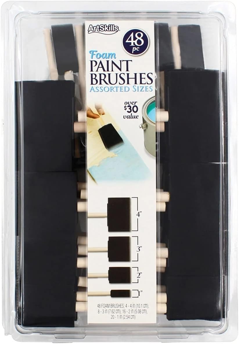 ArtSkills Bulk Foam Paint Brushes, Sponge Brushes for Painting, 4” 3” 2” & 1” Sponge Paint Brushes for Art, Varnish, Wood Stain, Assorted 48pk