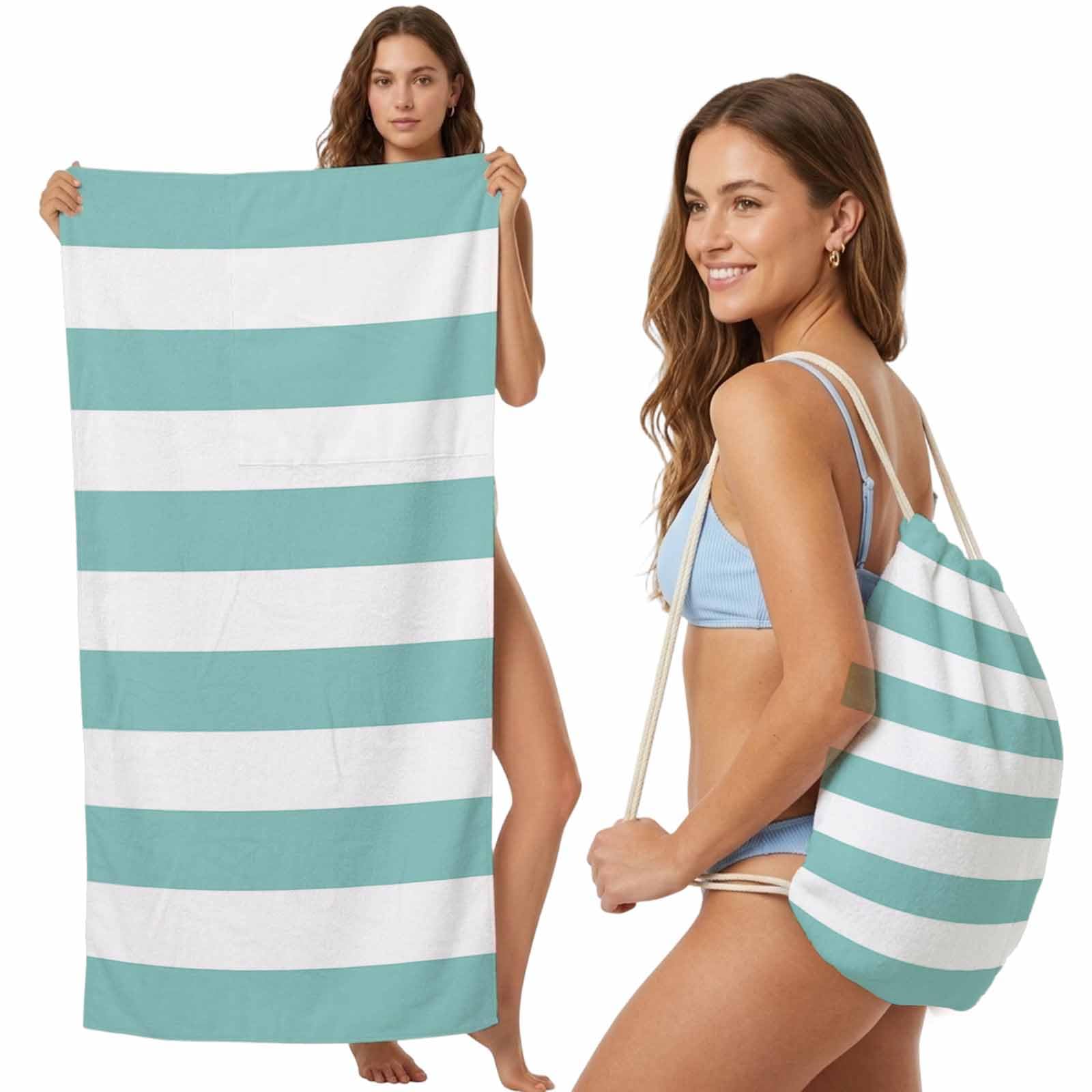 FWJZDSP Beach Towel Backpack Convertible Classical Stripe Sand Free Quick Dry Towel Bag Teal Blue Beach Towel with Adjustable Straps for Travel Swimming Pool Beach Accessories 31.5x63in