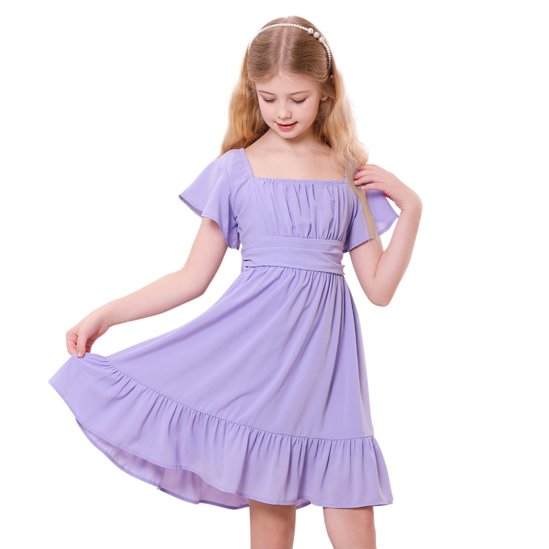 Zando Girls Dresses Tie Back Dress for Girls Ruffle Short Sleeve Dresses Tween Kids Off Shoulder Junior Dress 6-16 Years