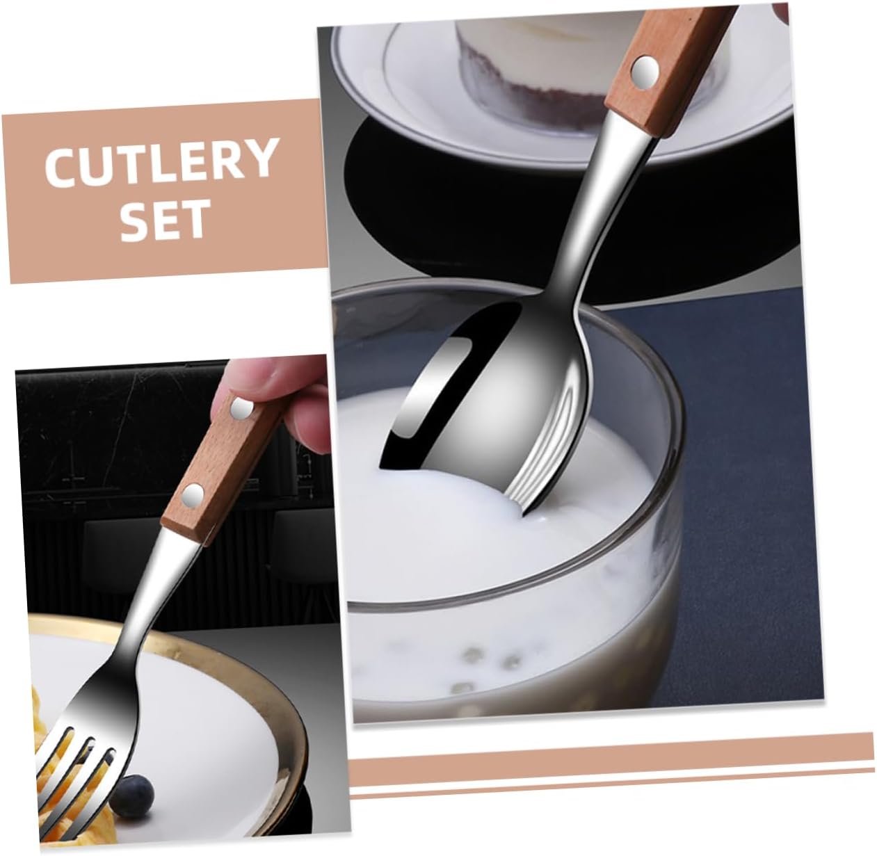 Solid Wood Handle Stainless Steel Cutlery Set Slotted Spoon Fork Spoon Travel Silverware for Lunch Utensils Set for Buffet