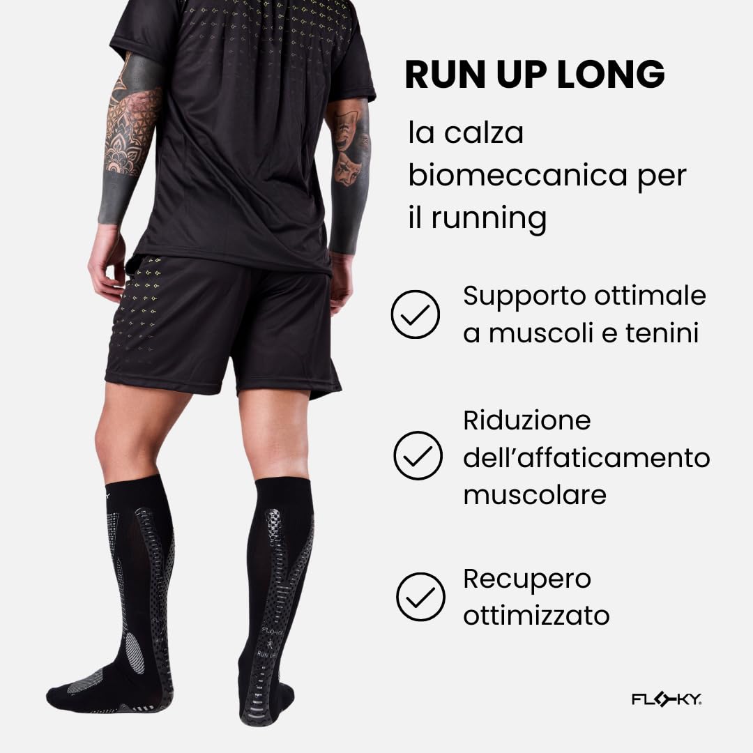 FLOKY RUN UP LONG calze biomeccaniche per running e trekking. Calza alta a compressione. Protezione tendine d'Achille e muscoli gamba, supporto plantare. Massima riduzione vibrazioni