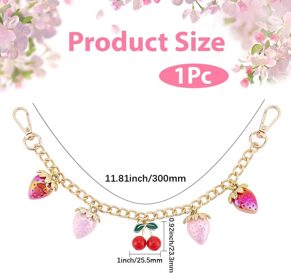 Beebeecraft Strawberry Decorative Bag Chain 12 Inch Alloy Short Gold Purse Extender Chain Red Enamel 3D Strawberry Cherry Pendant Bag Handle with Swivel Clasps for Handbag Clutch Tote Wallet Extension - Image 2