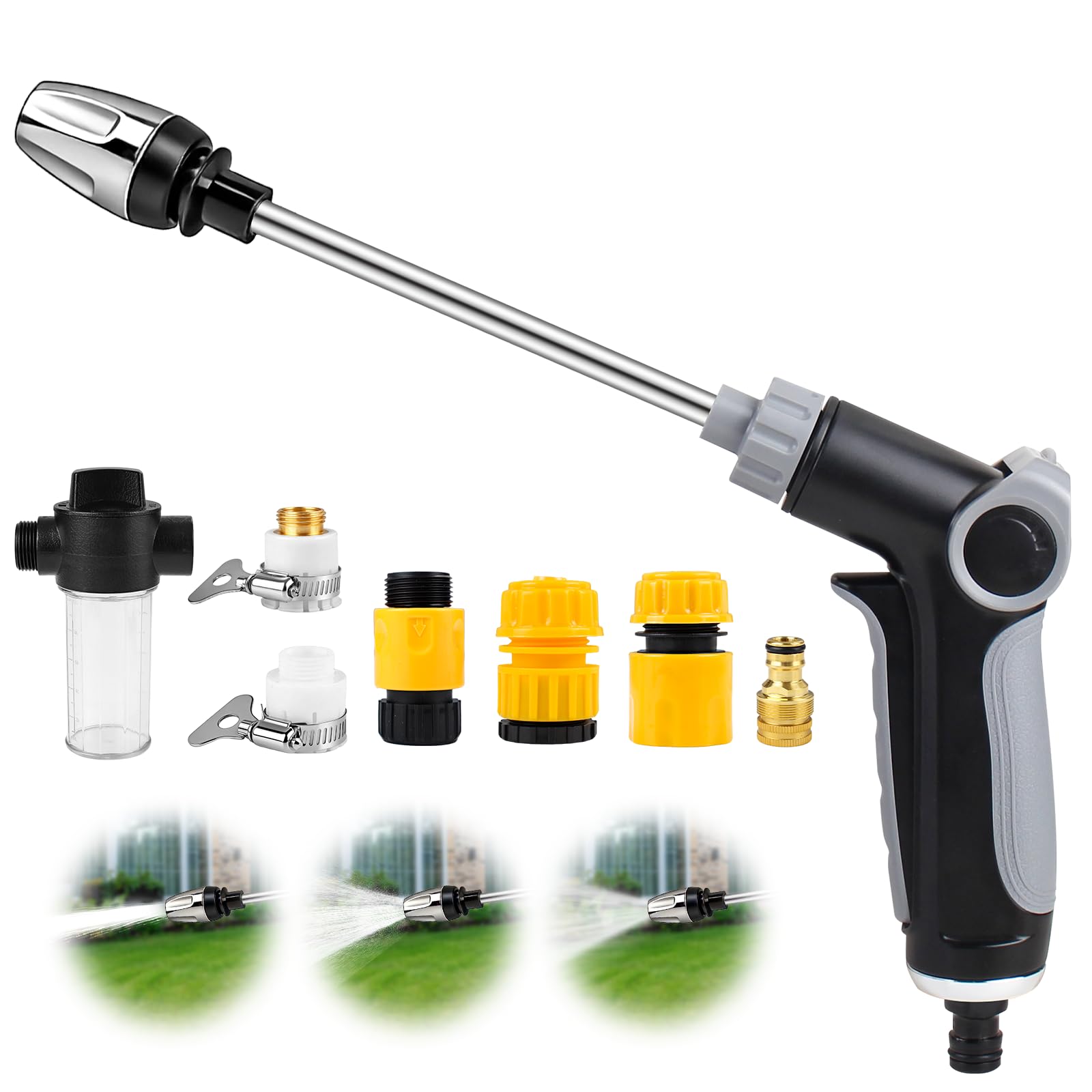 Power Jet Gartenschlauch Spritze mit Wasserregler & Arretierung, 3 Strahlarten Gartenbrause, Ergonomische Wasserspritze für Auto, Pflanzen, Terrasse & Reinigung, Rostfrei