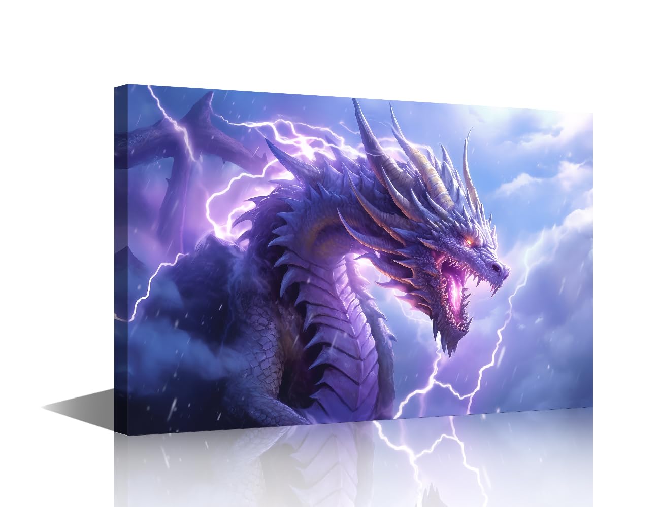 TISHIRON 1 Pieces Dragon Wall Art for Living Room Purple Dragon Pictures Posters & Prints Lightning in the Clouds Wall Decor for Bedroom Modern Artwork Stretched Framed Ready to Hang (16" Wx24 H)