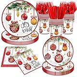 Joy To The World Christmas Tableware, 144Pcs Joy To The World Christmas Decorations includes Xmas Plates and Ball Napkins, Happy Holiday Plates and Napkins for Xmas Holiday Party