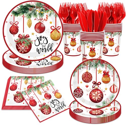 Joy To The World Christmas Tableware, 144Pcs Joy To The World Christmas Decorations includes Xmas Plates and Ball Napkins, Happy Holiday Plates and Napkins for Xmas Holiday Party