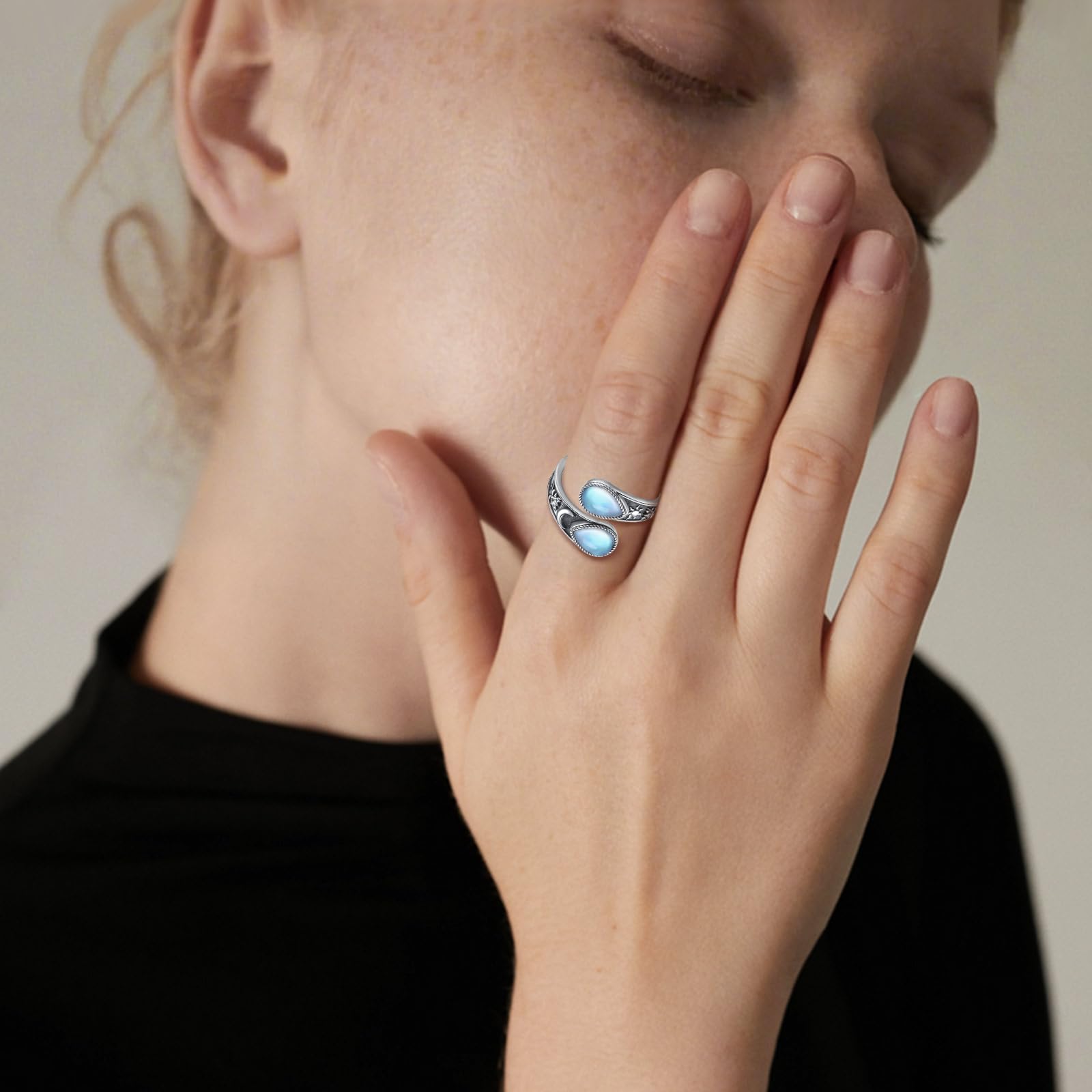 Umarmung Ring für Damen Herren S925 Sterling Silber, Verstellbarer Versprechen/Sonnenblume/Lotus/Lebensbaum Ring mit Mondstein Türkis Offener Ringe Geschenks für Frauen Herren