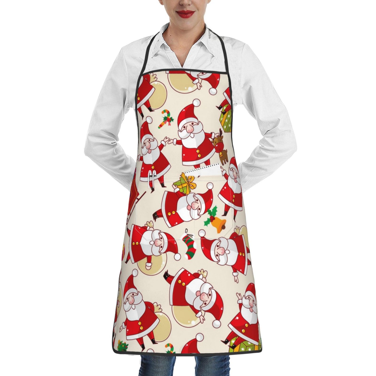 Poadnly Unisex As Picture Christmas Santa Claus Xmas, Kitchen Aprons With Pockets,Adjustable Waterproof Chef Cooking Bib Apron