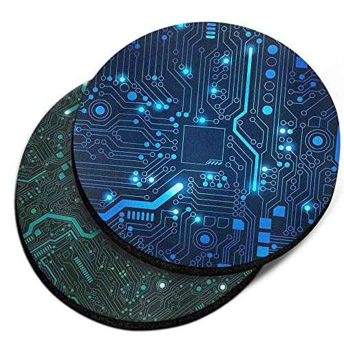 WIRESTER, Blue Circuit Board, Green Circuit Board Design Absorbent ROUND Fabric Felt Neoprene Car Coasters for Drinks (2.87 inches), 2pcs Set