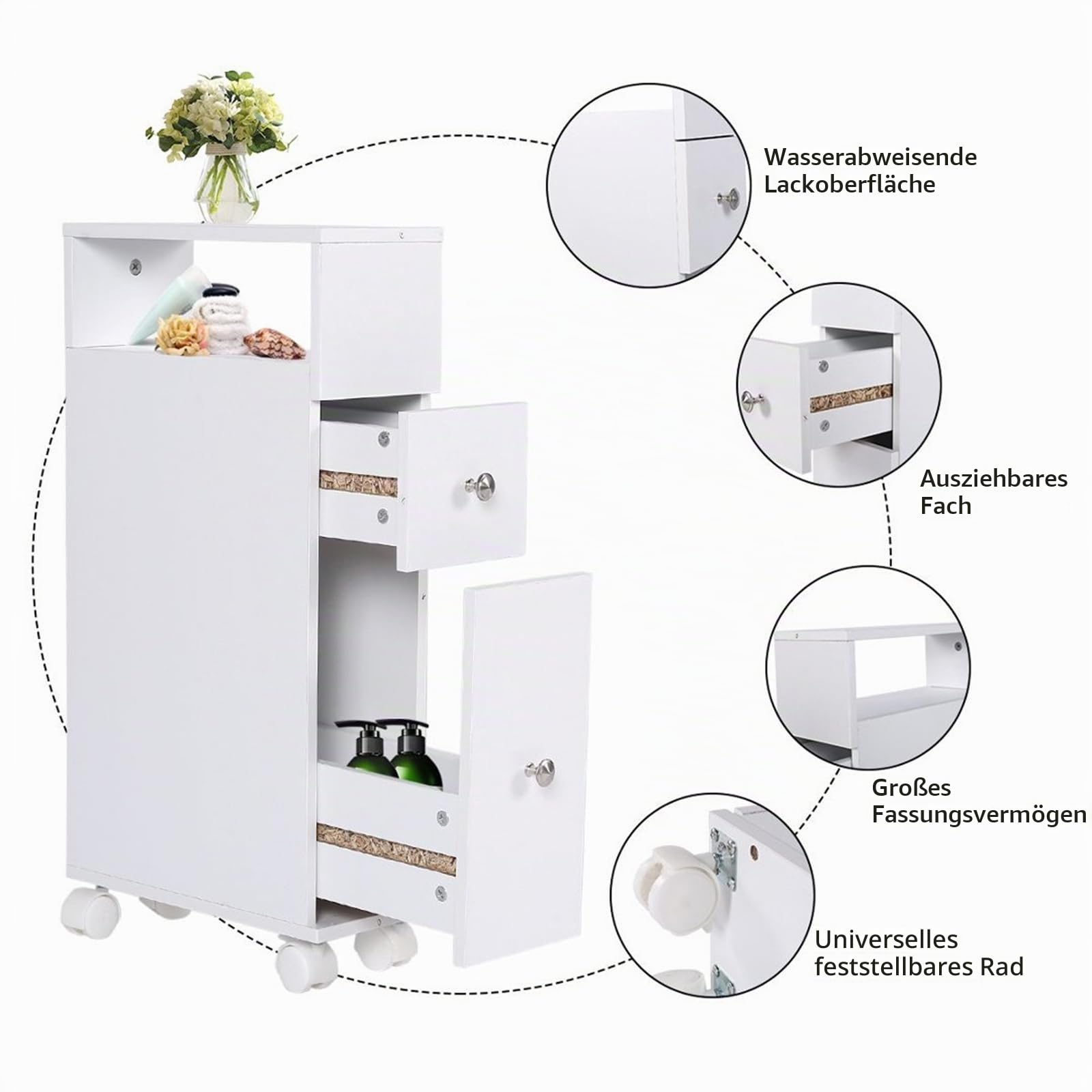 Ease Badezimmerschrank klein, Badschrank schmal, Kleiner Schrank für Toilettenpapier, Toilettenschrank mit Schubladen, Aufbewahrungsschrank stehend, für kleine Räume, weiß 15 x 33 x 65 cm