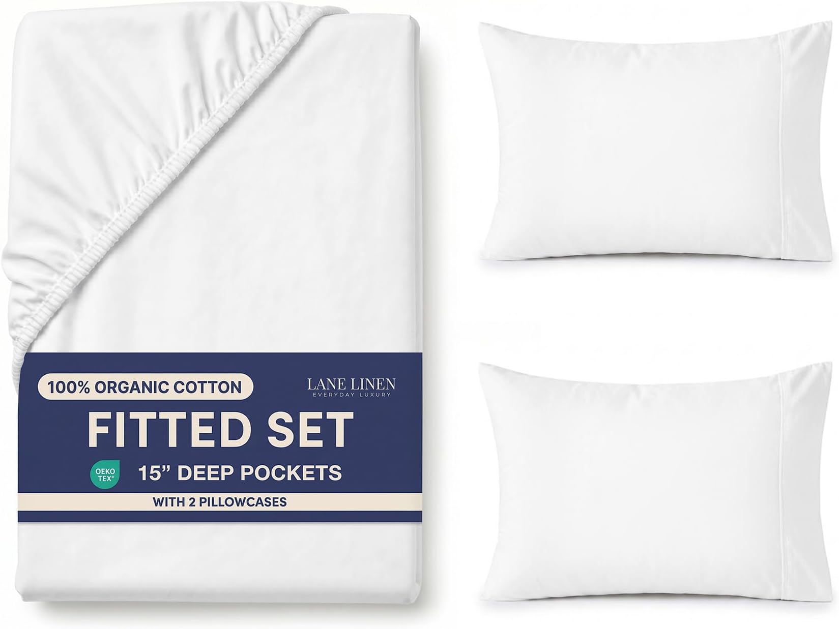 LANE LINEN 100% Organic Cotton Fitted Sheet Queen, 15" Deep Pocket Snug Fit Fully Elasticized Naturally Temperature Regulating Soft & Comfy Deep Pocket Queen - White (+Pillowcases)