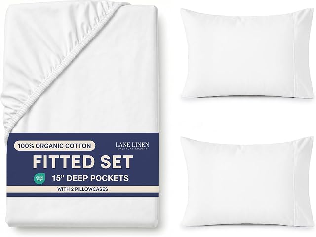 Lane Linen King Feuilles ajustées 100% Coton biologique & 2 Carcasses d'oreillers - Blanc GOTS Certifié, 2 Oreillers, King Size, doux & Tissu respirant, naturel, suite de maître, chambre spacieuse, amélioration de luxe