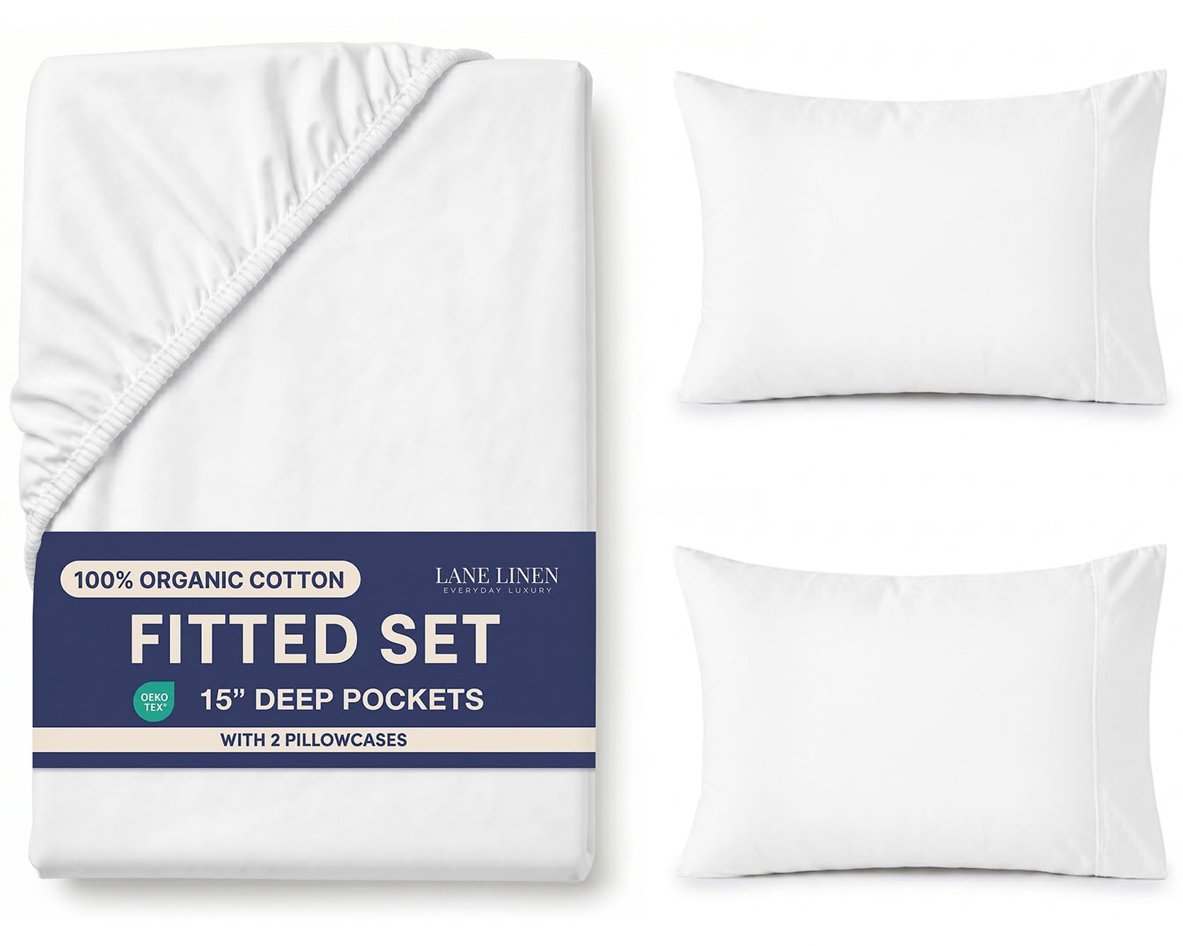 LANE LINEN Small Double 4 Ft. Size Fitted Sheet – 100% Organic Cotton, 4ft with 2 Pillow Covers, 35cm Deep Pocket, All-Round Elastic Bottom Sheet - White
