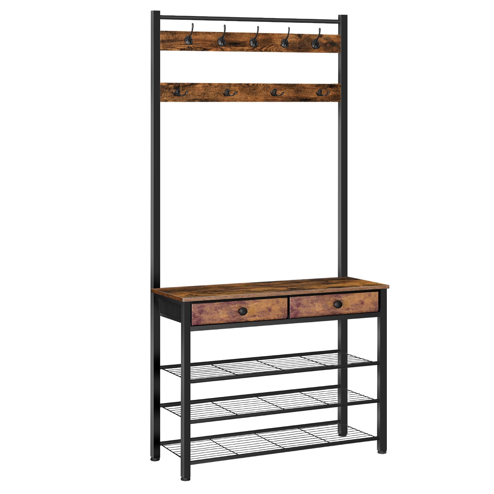 HOOBRO Hall Tree, Entryway Coat and Shoe Rack, 2 Fabric Drawers, Hall Tree with Bench, Shoe and Coat Rack, Coat Rack with Shoe Storage, 4 Tier Shoe Organizer, 9 Hooks, Rustic Brown and Black BF81MT01