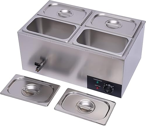Calentador eléctrico comercial de alimentos de 16.8 cuartos de galón, 600 W, mesa de vapor de 4 bandejas, encimera de buffet Bain Marie de acero