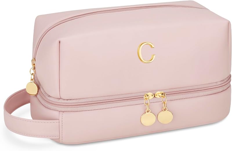 Necessaire de maquiagem CLOUDWINGS com inicial, dupla camada e compartimento para pincéis, rosa