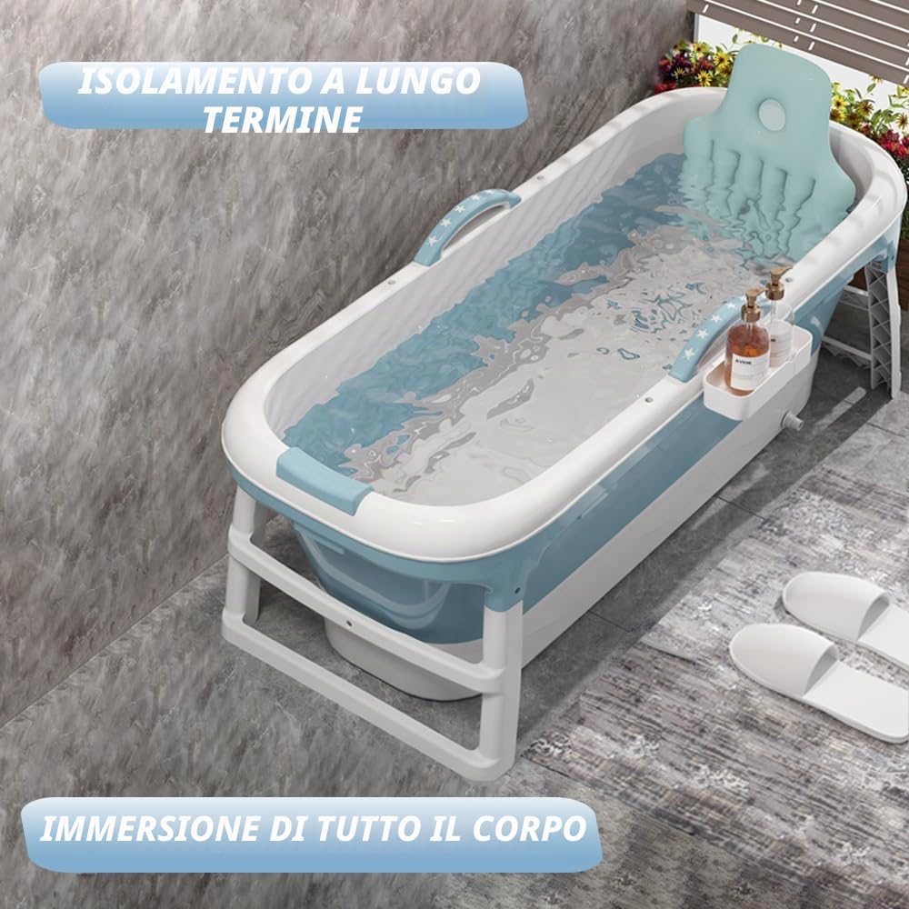Vasca da bagno pieghevole per adulti - Portatile - Vasca da bagno mobile pieghevole con coperchio e rulli massaggianti - Portasapone - Per bagno e doccia (118 x 60 x 53 cmblu)
