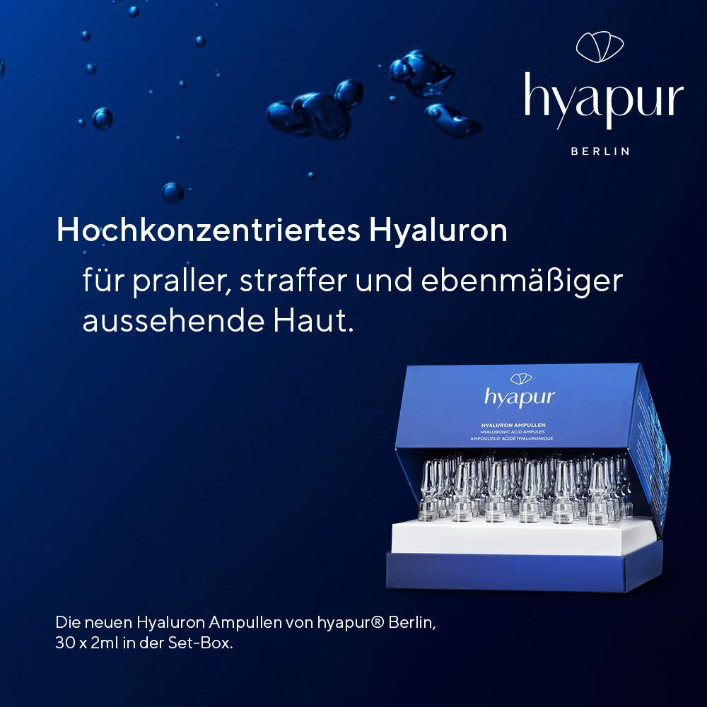hyapur® Ampułki z kwasem hialuronowym 30 x 2 ml z wysoko skoncentrowanym kwasem hialuronowym dla jędrnej i jędrnej skóry, do twarzy, szyi i dekoltu