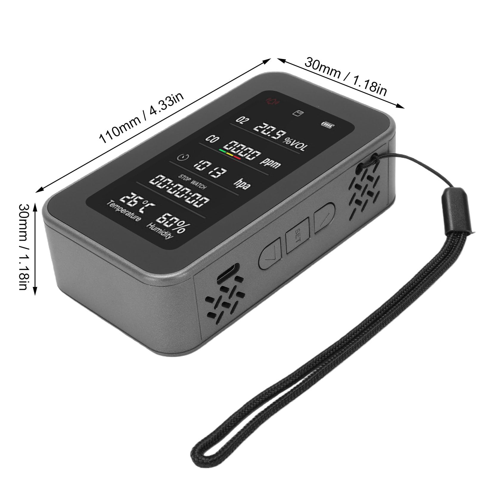 Annadue Detector Portátil de Calidad del Aire con Linterna de Emergencia, | Probador de oxígeno, presión de aire, temperatura y humedad, recargable de 3000mAh, con registro de datos para acampar,