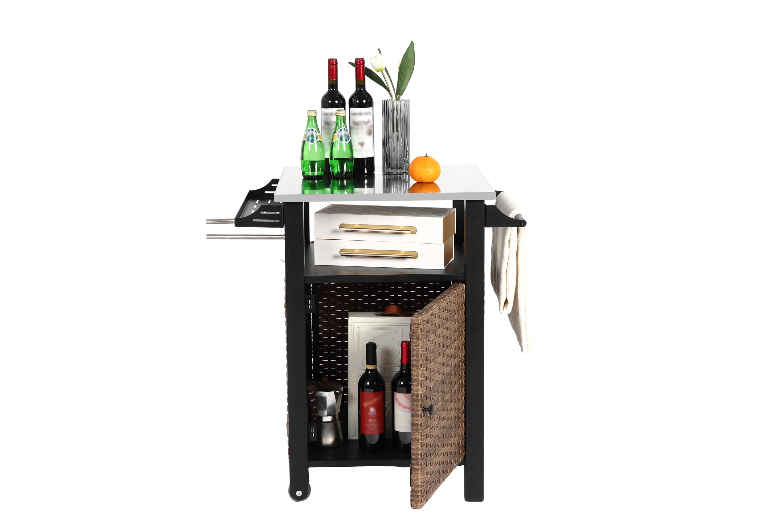 Carrello da portata in rattan con piano estraibile in acciaio inox, isola da cucina per esterni con armadio, cassetto, portabicchieri e apribottiglie, marrone