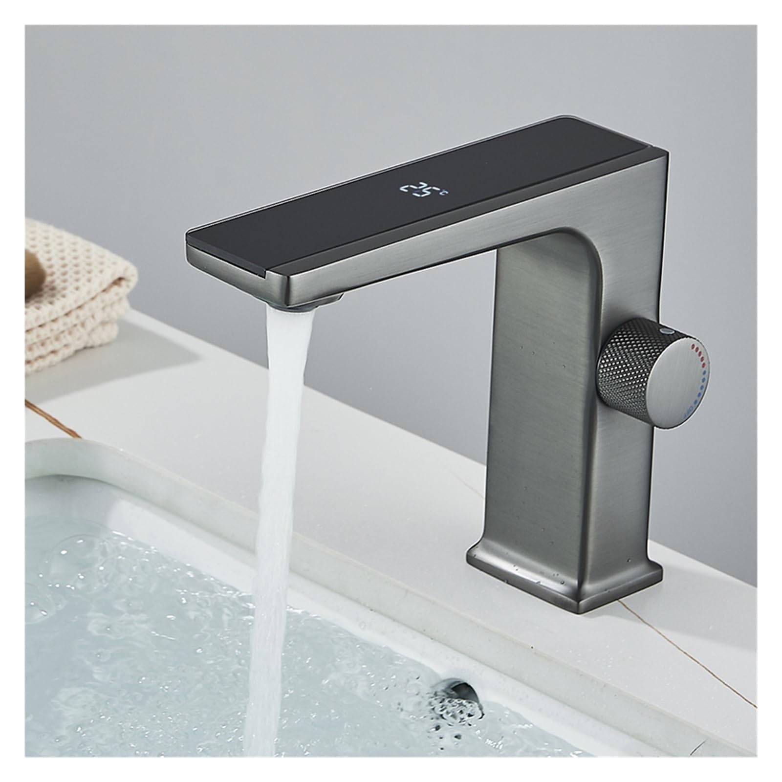 Grifo de lavabo digital LED en latón gris con doble salida de agua fría y caliente