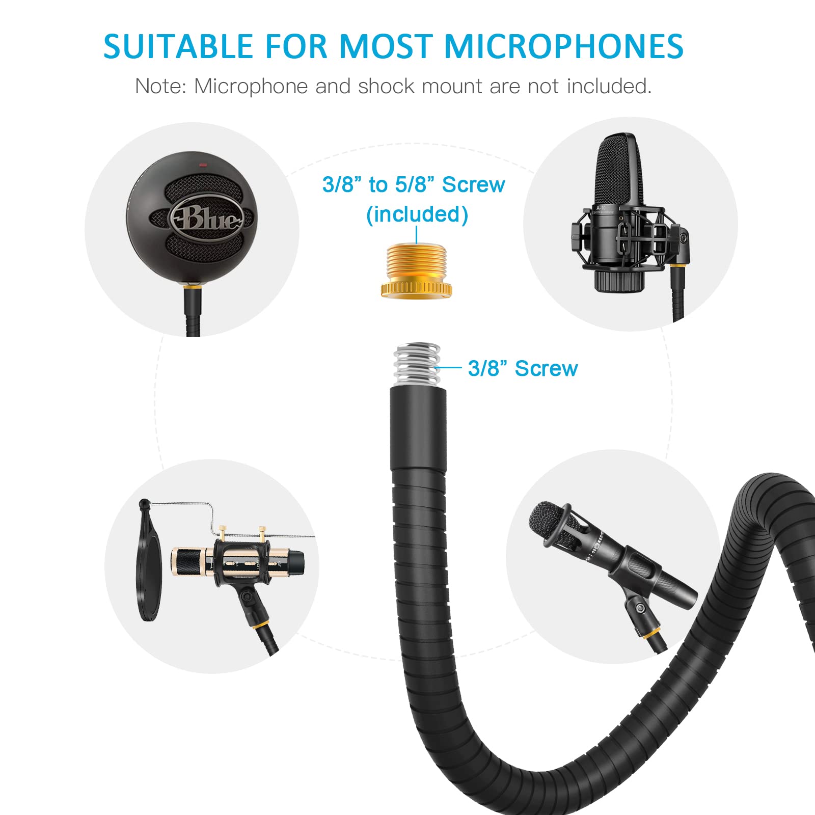 ZealSound Kompaktowe ramię mikrofonowe, elastyczne i oszczędzające miejsce biurkowe ramię mikrofonowe typu gęsia szyja z metalowym adapterem 3/8" na 5/8" (9,5 mm na 15,9 mm), kompatybilne z Blue