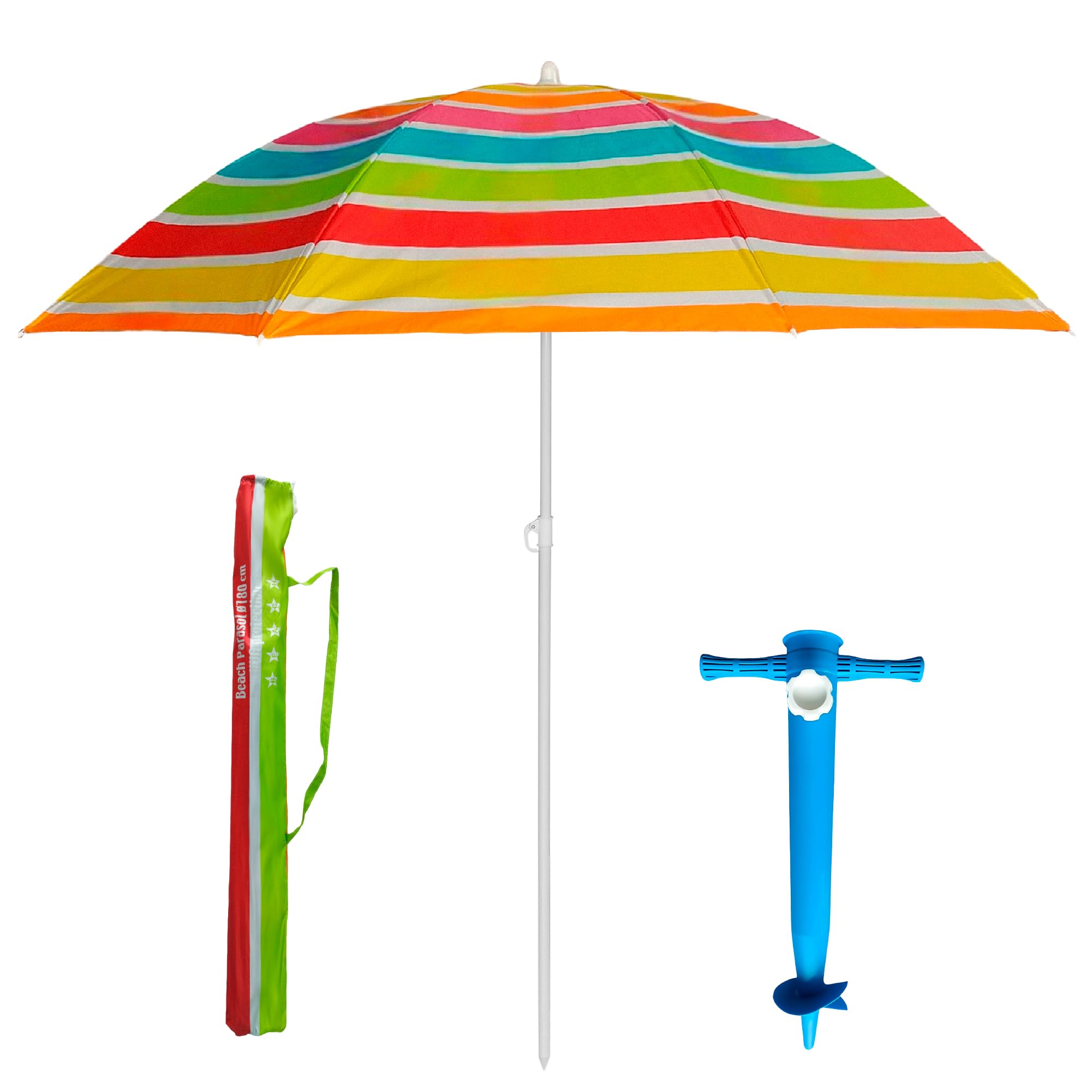 Pincho Strandschirm, 180 cm, winddicht, mit Ankerhalterung, UV50+, Stahlrohr 22 mm, Tragetasche, rostfreie Stäbe, leicht, Garten, TH Blau, 180 cm